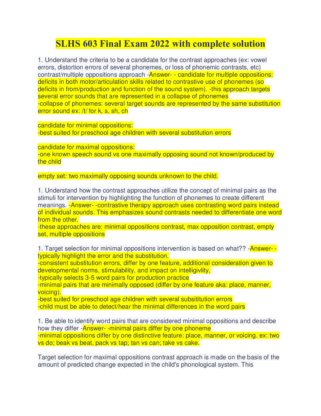 Preview image for SLHS 603 Final Exam 2022 with complete solution